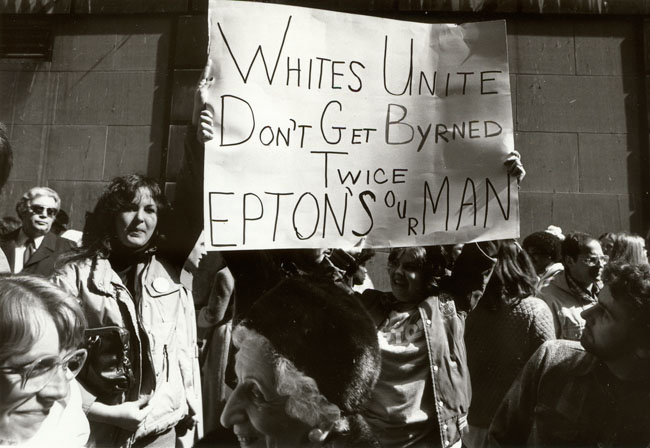 Racists with sign in Chicago, 1982 Mayorial campaign